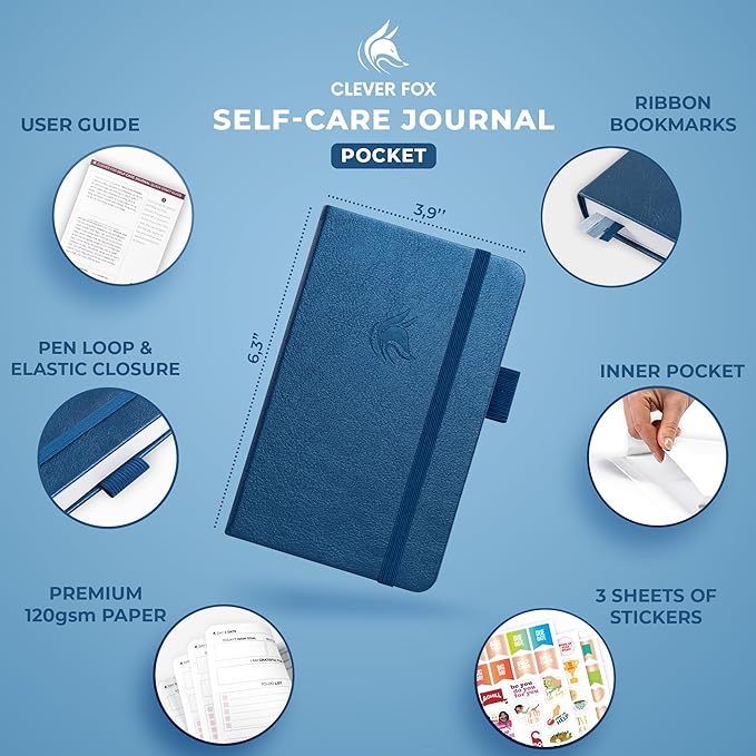Clever Fox Self-Care Journal Pocket – Daily Reflection Notebook – Mental Health & Personal Development Planner, Meditation & Mood Log (Mystic Blue)
