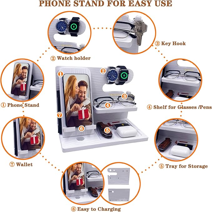 Gifts for Women Girlfriend Men Him Husband Boyfriend Son Boss Wood Phone Docking Station Nightstand Organizer Anniversary Birthday Gifts (White)