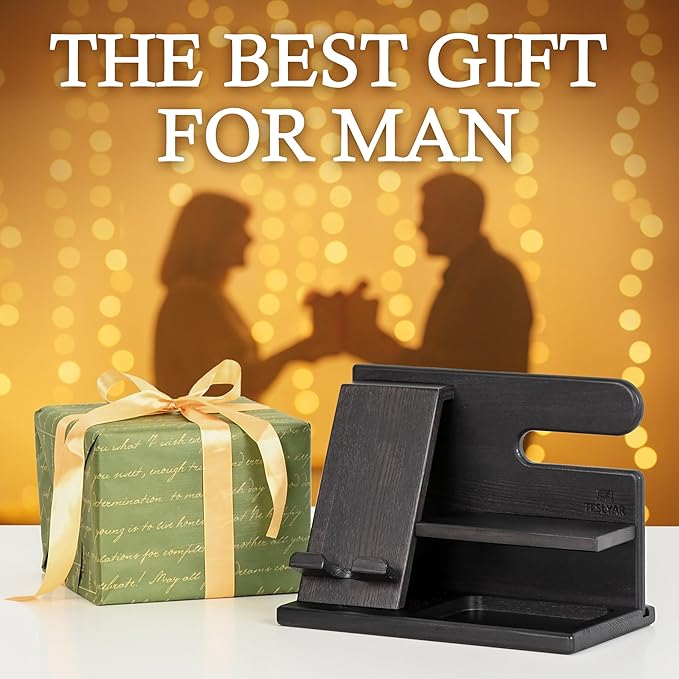 TESLYAR Wood Phone Docking Station for Men - Desktop or Nightstand Organizer - Birthday Gifts for Men, Dad - Anniversary Idea from Wife - Key Holder, Stand Wallet, Watch & Essentials (Black)