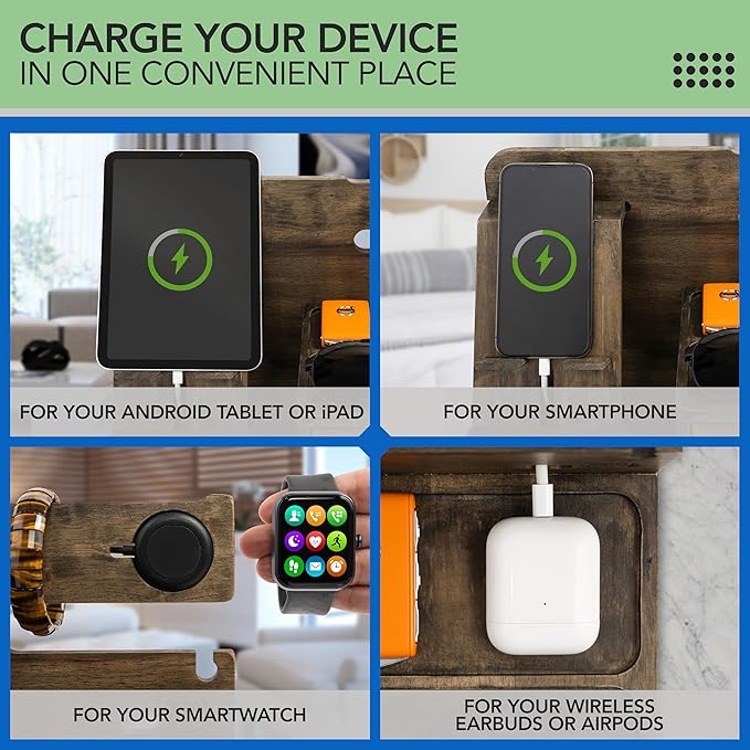 Nightstand Organizer- Bedside Docking Station for Men- Unique Gifts for Husband, Father or Dad from Wife, Son or Daughter- Desk Organizer for Phone, Watches, Wallet & Accessories (Rustic)