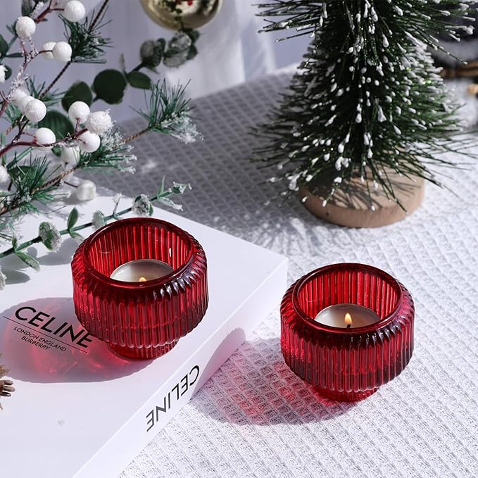Woho Red Taper Candle Holders Set of 4 for Christmas Decorations, Reversible Ribbed Glass Candlestick Holders for Wedding Table, Vintage Candle Sticks Holder Decor for Valentines Day Decor