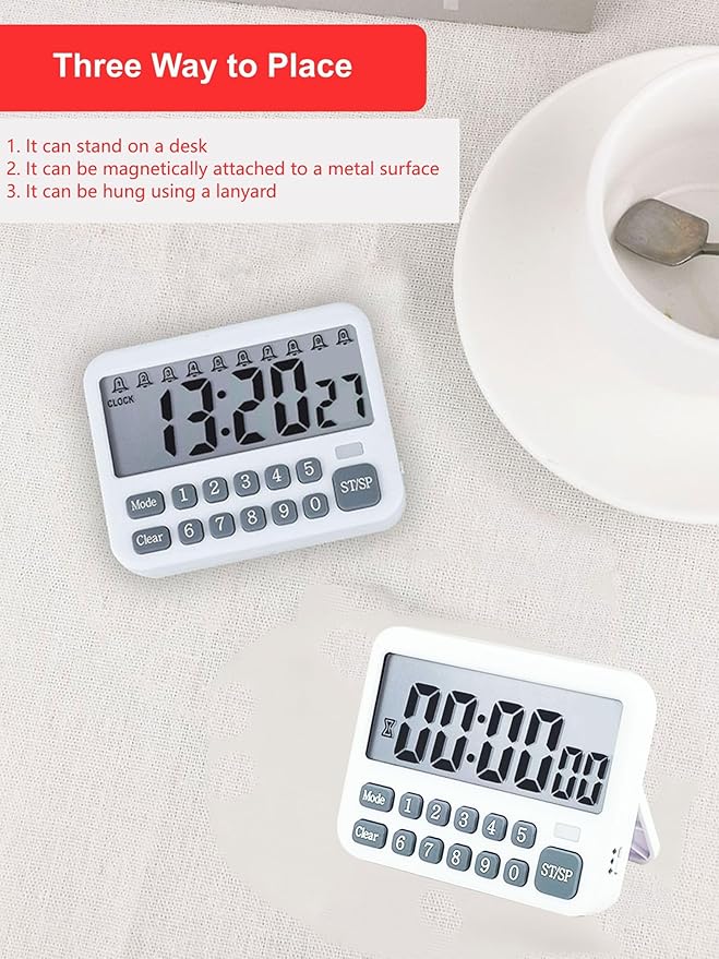 Digital Multifunction Timer with Clock, 10 Preset Alarms, Countup & Countdown, Memory Settings, White