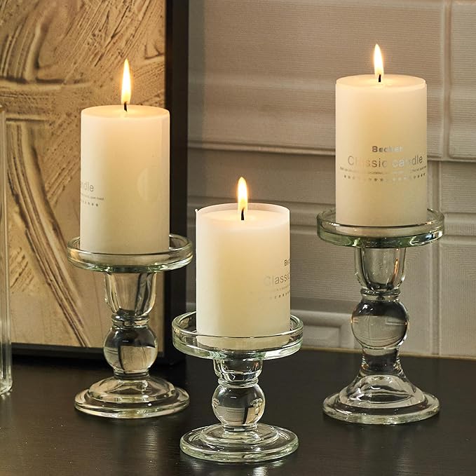 3 Pcs Clear Candle Holder, Glass Pillar Candle Holder Set for Taper Candlestick Pillar(Clear)