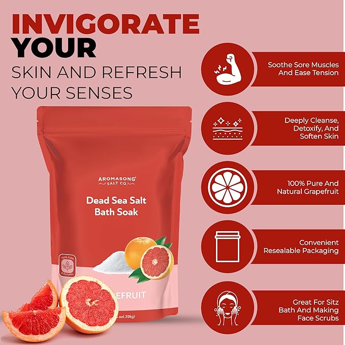 Aromasong Dead Sea Salt - Fine Grain Spa Salt Grapefruit Scent 14 Oz โ 7 Uses Per Pack - Pure & Natural - Used for Body wash Scrub - Soak for Women & Men for Skin Issues and to Relax Tired Muscles