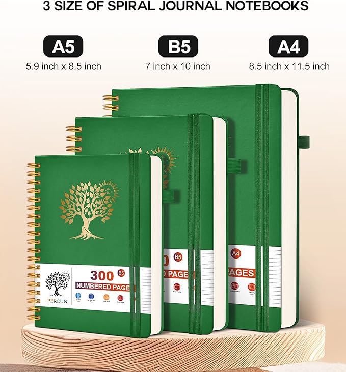 Large Spiral Notebook Journal for Women Men - 300 Numbered Lined Pages, College Ruled,B5 Hardcover Spiral Bound Notebook for School, Work, Note Taking, Writing, Leather Spiral Journal 7"x10"