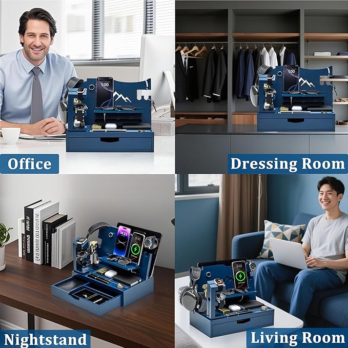 Nightstand Organizer for Men with Large Drawer, Birthday Gifts for Men, Phone Docking Station, Bedside Organizer for Nightstand for Apple Watch, Laptop (Blue, Solid Wood)
