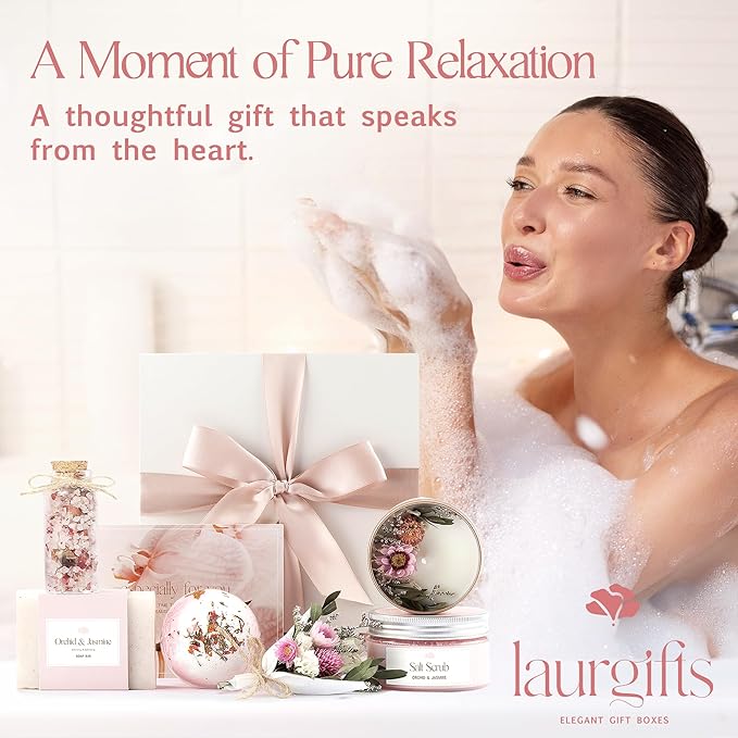 Orchid & Jasmine Spa Box for Women – Birthday, Christmas & Pink Gifts, Self Care & Relaxation Set with Candle, Soap & Bath Salts – Elegant Ready-to-Give Package for Mom, Sister, or Friend