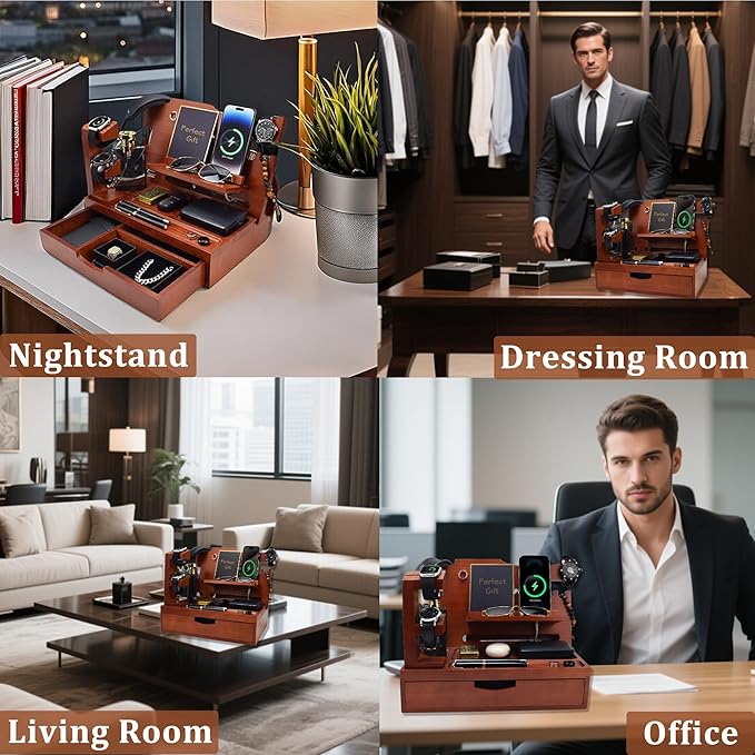 Nightstand Organizer for Men with Large Drawer, Birthday Gifts for Men, Phone Docking Station, Bedside Organizer for Nightstand for Apple Watch, Laptop (Walnut, Solid Wood)