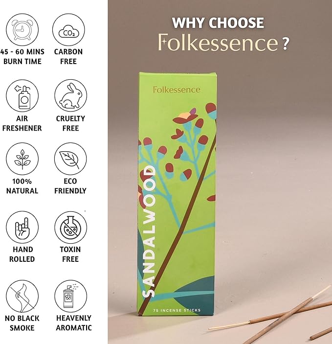 Folkulture Sandalwood Incense Sticks for Home | Pack of 75 Organic Insence-Sticks Sandalwood with 45 Mins Burn Time | Non Toxic Incents for Meditation & Spiritual Practice Inscents-Sticks
