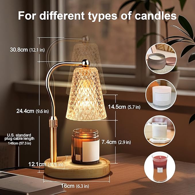 Candle Warmer Lamp with Timer, Adjustable Candle Warmer Lamp with 1 Bulbs,2/4/8-Hour Timing Function,4-Level Dimmable, Adjustable Height