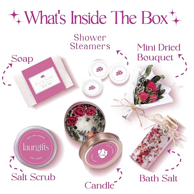 Rose & Jasmine Spa Gift Box for Women – Self Care Gift Basket with Candle, Soap, Bath Salts, Scrub & Shower Steamers – Birthday, Thank You & Relaxing Gifts for Mom, Wife, Sister, Friend