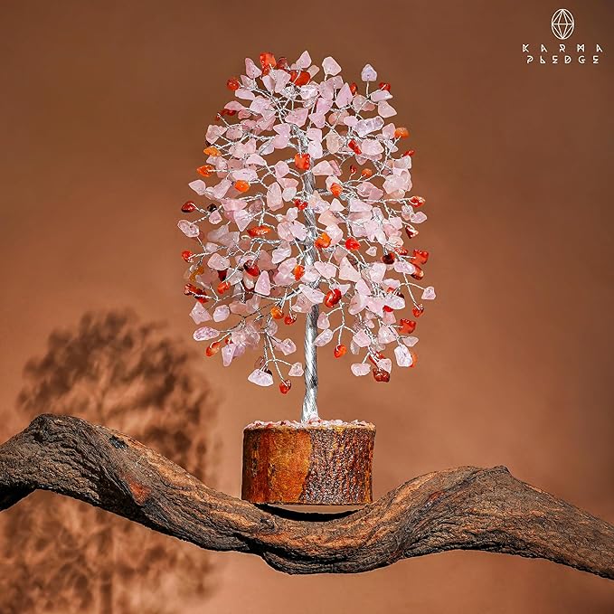 KARMAPLEDGE Healing Crystals Chakra Tree of Life for Positive Energy & Protection & Good Luck, Money, Feng Shui Decor for Home and Office Desk Decoration, Spiritual Gifts (Rose, Carnelian Dual Beads)