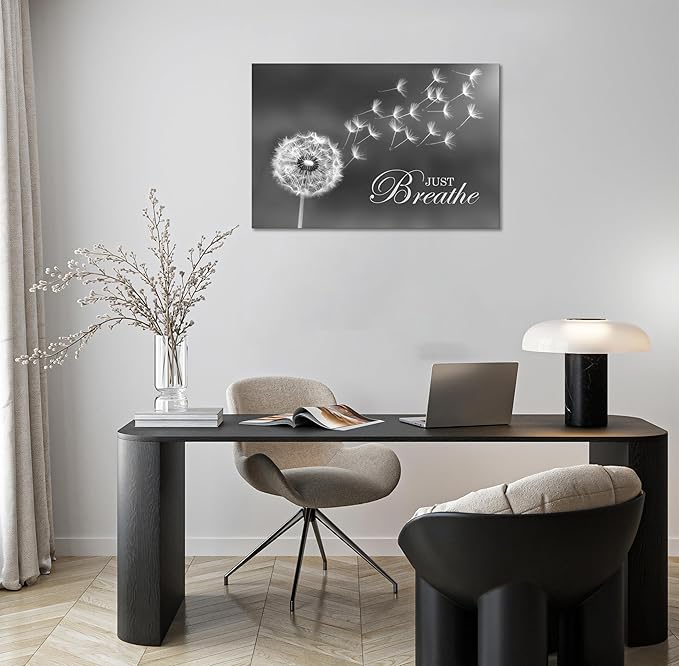 SKASNFAI Black and White Dandelion Zen Wall Art Canvas Just Breathe Motivation Positive Picture Art Print for Spa Yoga Meditation Wall Decor Ready to Hang (28L x 44W)