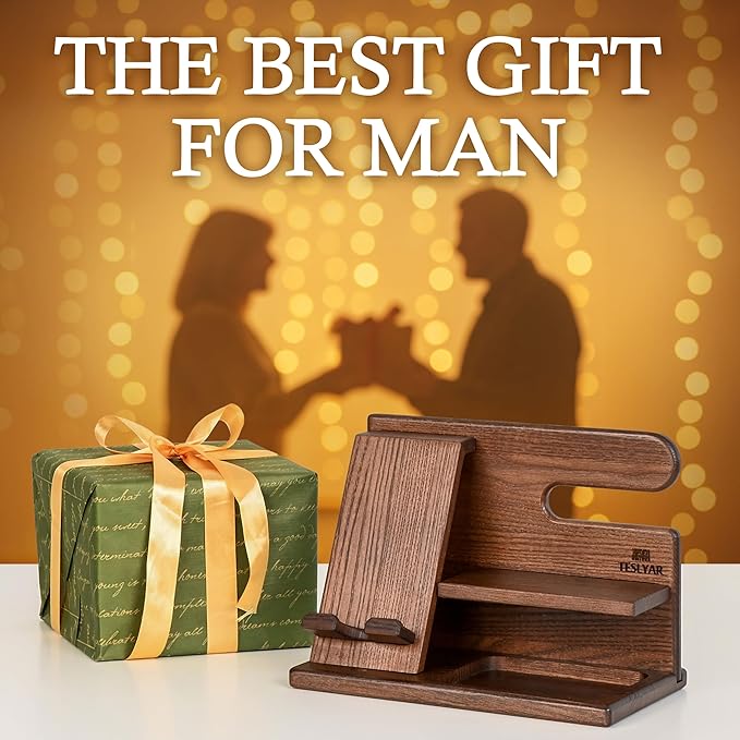 TESLYAR Wood Phone Docking Station for Men - Desktop or Nightstand Organizer - Birthday Gifts for Men, Dad - Anniversary Idea from Wife - Key Holder, Stand Wallet, Watch & Essentials (Bourbon Brown)