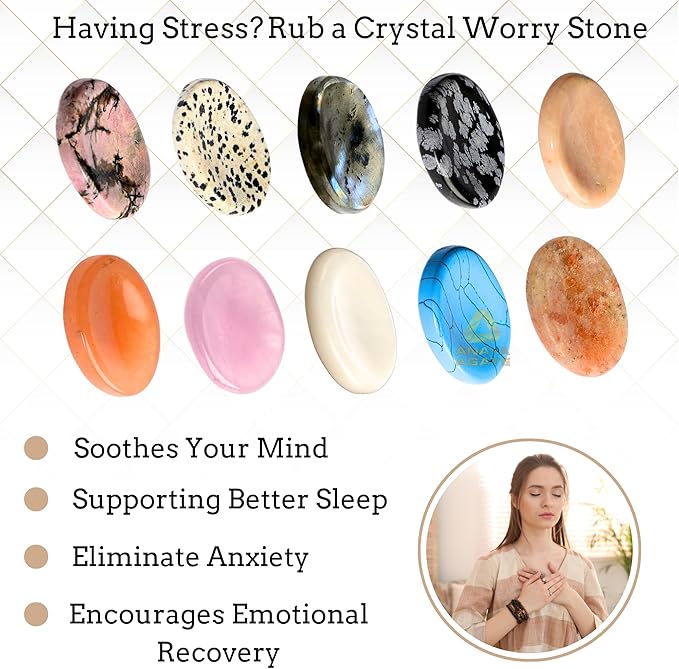 Pack of 12 Worry Stones Bulk Set – Wholesale Bulk Crystal Thumb Worry Stone for Anguish, Stress – Relaxing and Soothing Balance Stones for Meditation – Healing Stones and Crystals for Women and Men