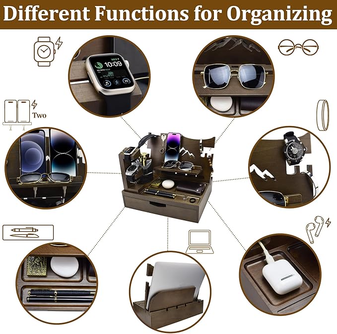 Nightstand Organizer for Men with Large Drawer, Birthday Gifts for Men, Phone Docking Station, Bedside Organizer for Nightstand for Apple Watch, Laptop (Brown, Solid Wood)
