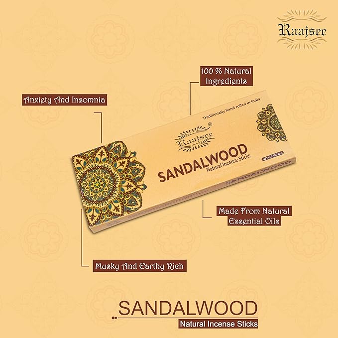 Raajsee Sandalwood Incense Sticks 100 Gm Pack-100% Pure Organic Natural Hand Rolled Free from Chemicals-for Church,Aroma Therapy,Relaxation,Meditation & Sensual Therapy