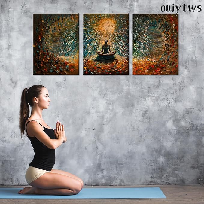 Framed Abstract Yoga&Meditation Wall Art Set of 3Piece Canvas Poster Prints Painting, Vibrant Colorful Energy Flow, Tranquil Woman in Meditation for Home, Yoga Meditation Room,Office,Bedroom,12X16in