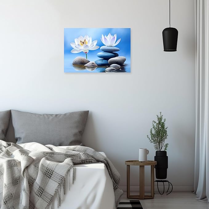 ARTZGX Zen Canvas Wall Art for Bathroom Lotus Pictures Blue Spa Stone Painting Butterfly Flower Artwork for Yoga Decor Frame(Zen - B 20.00" x 30.00")