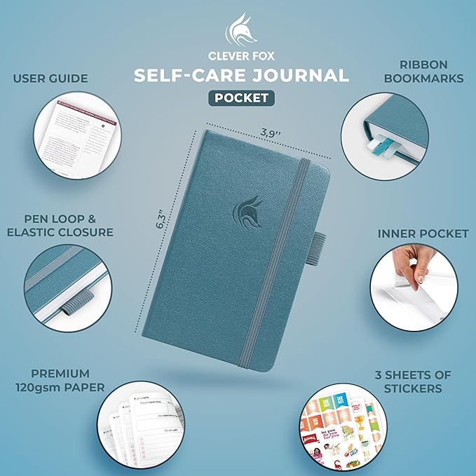 Clever Fox Self-Care Journal Pocket – Daily Reflection Notebook – Mental Health & Personal Development Planner, Meditation & Mood Log (Aquamarine)