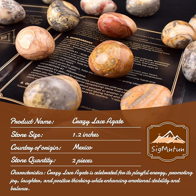 Polished Crazy Lace Agate Crystal Stones - 2 Pcs of 1.2" Worry Stone for Anxiety, Pocket Palm Stone Super Large Handpicked Natural Tumbled Gemstones for Meditation, Reiki, Chakra Healing, Home Decor