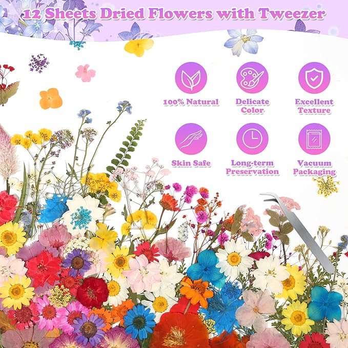 300 Pcs Pressed Dried Flowers with Butterfly Stickers for Crafts, Real Pressed Wildflowers Dry Leaves Bulk with Tweezer for Resin Jewelry Molds, Candle Soap Making, Scrapbook, Bookmark, Nails Decor