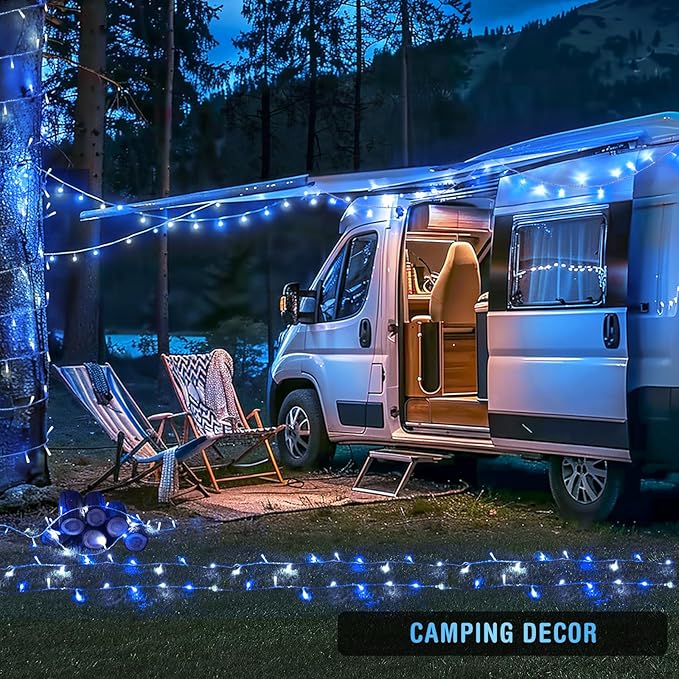 JMEXSUSS 2 Pack Blue and White Battery String Lights, Each 33ft 100 LED Battery Powered Christmas Lights with Remote for Outside Party Birthday