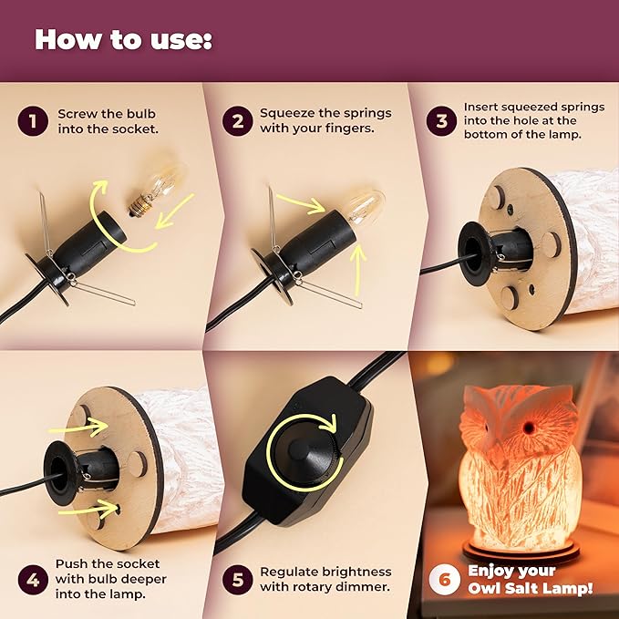 Owl Crystal Salt Lamp H 6.7โ, 4.4 lbs - Pure Natural Rock Salt โ Unique Night Light Lamp - 1 Light Bulb as a Gift - Wooden Present Box - Holiday Gift Ideas - Cool Room Dรฉcor