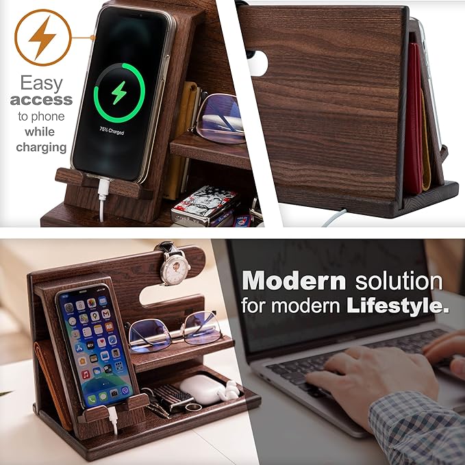 TESLYAR Wood Phone Docking Station for Men - Desktop or Nightstand Organizer - Birthday Gifts for Men, Dad - Anniversary Idea from Wife - Key Holder, Stand Wallet, Watch & Essentials (Bourbon Brown)