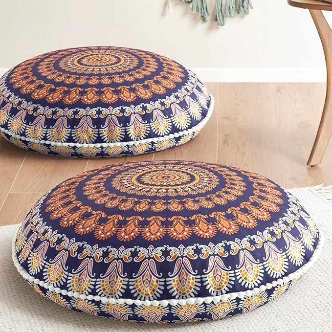 Codi Floor Pillows for Sitting Set of 2, Large Meditation Cushions for Adults with Memory Foam, Bohemian Mandala Round Seating for Outdoor Yoga and Living Room, Washable,32 Inch, Yellow