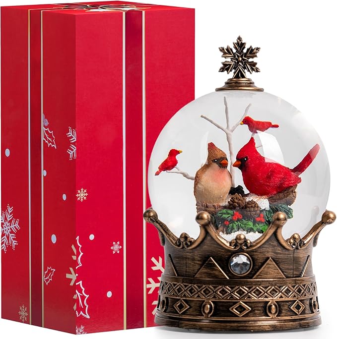 Cardinal Christmas Snow Globe, Lighted 2 Cardinal Musical Water Lantern with Swirling Glitter, Christmas Holiday Party Gifts and Decorations