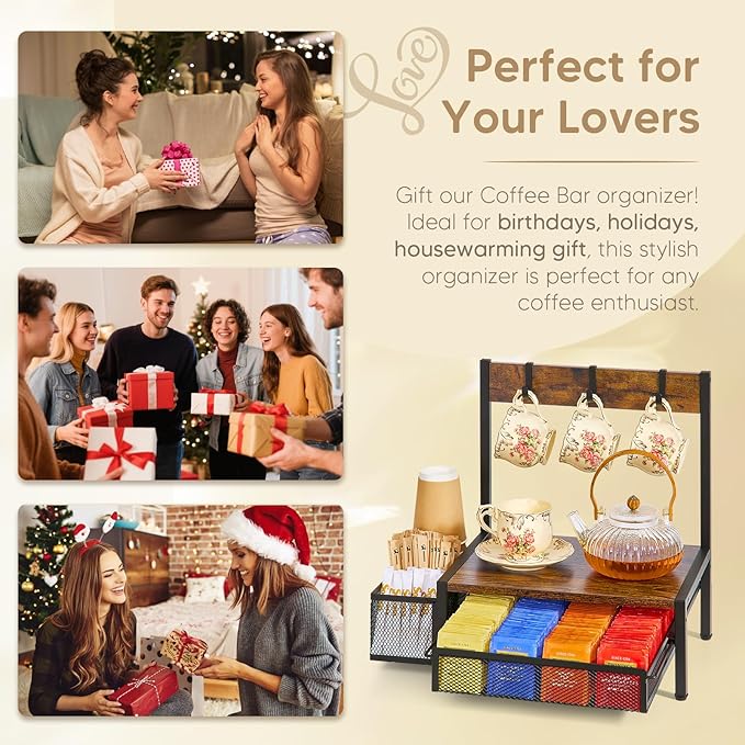 Tea Bag Organizer, Wood Tea Organizer and Storage Cheast, Tea Bag Holder with Storage Drawer, 4 Hooks for Tea Cups Holder, Tea Station Chest Display Container Box for Countertop Kitchen, Brown