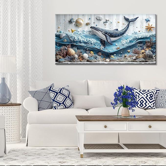 ZESTRILIA Ocean Whale Wall Art for Kids Room Navy Blue Marine Organism Underwater World under the Sea Canvas Painting Prints Artwork Family Living Bedroom Decor Large (46x23 Inches)