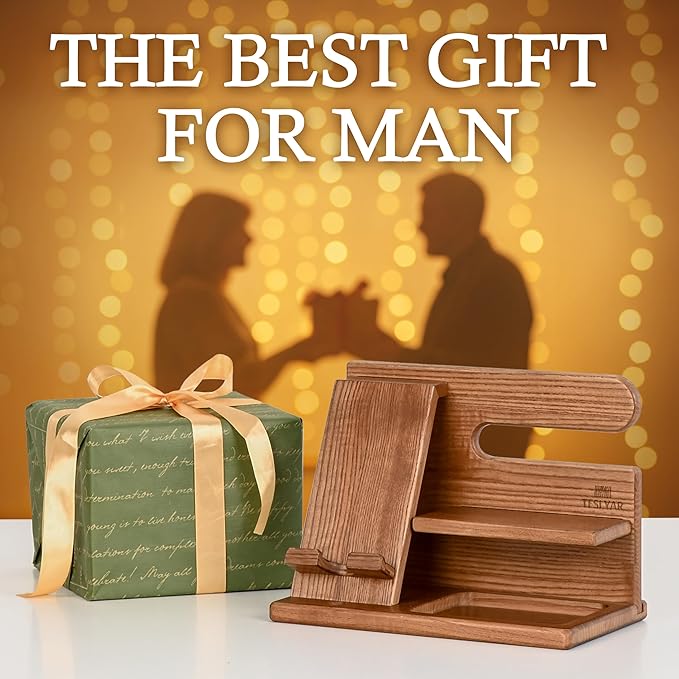 TESLYAR Wood Phone Docking Station Ash Key Holder Wallet Stand Watch Organizer Men Christmas Gift Husband Wife Anniversary Dad Birthday Nightstand Purse Father Graduation Male Idea Gadgets (Beige)