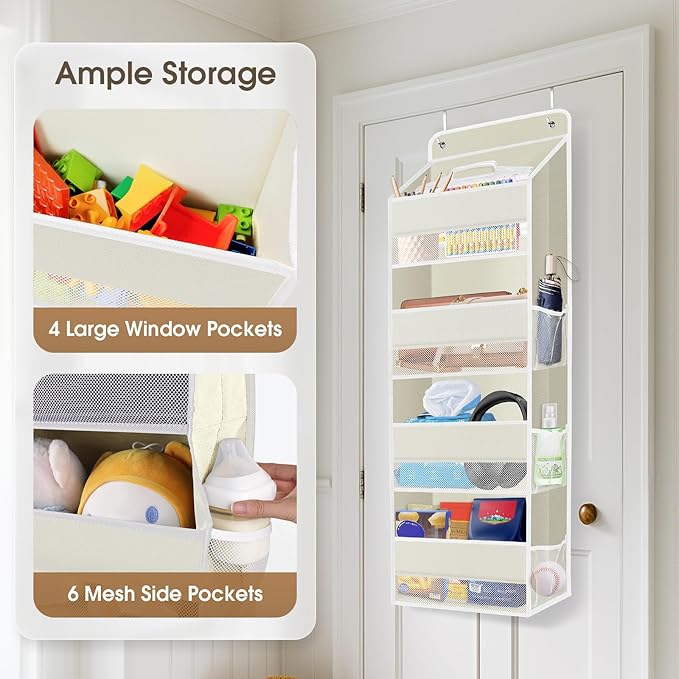 1 Pack Over The Door Organizer, Hanging Storage Organizer with Clear Window, 40lb Ultra Sturdy Large Capacity Room Organizer for Pantry Bathroom Nursery Closet Baby Essential (Beige)