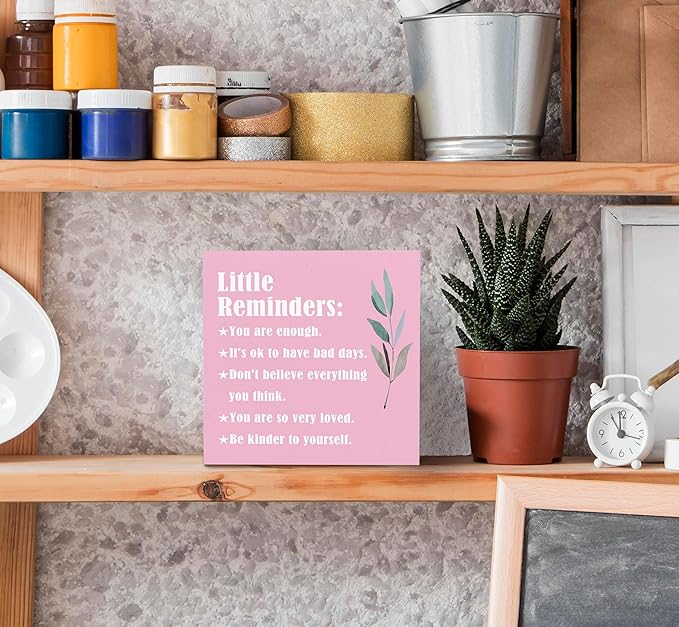 SRADMO Inspirational Little Reminders Wood Box Sign Desk Decor, Inspirational Desk Decor, College Motivational Positive Affirmation Gifts Box Sign For Office Home Dorm Tabletop Decoration(Pink)