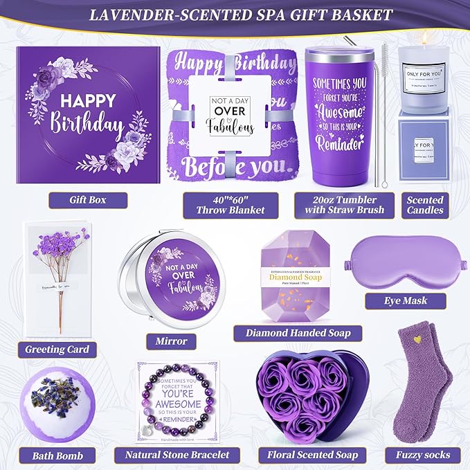 14PCS Birthday Gifts for Women ,Mom, Wife, Girlfriend, Sister, Her- Self Care Gifts Get Well Soon Gifts Basket for Women Lavender Relaxing Spa Gifts Care Package w/ Blanket Mothers Day Gifts for Mom