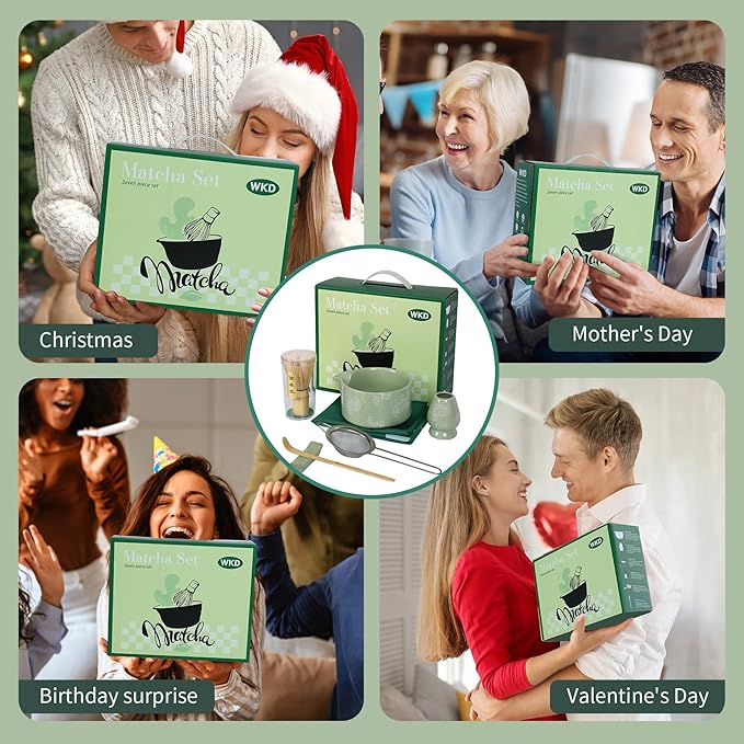 Matcha Bowl and Whisk Set, Ceramic Matcha Set Includes Matcha Bowl with Spout, Whisk & Holder, Bamboo Scoop, Stainless Sifter, Towel, Matcha Kit Making Tools,Light Green,7 PCS