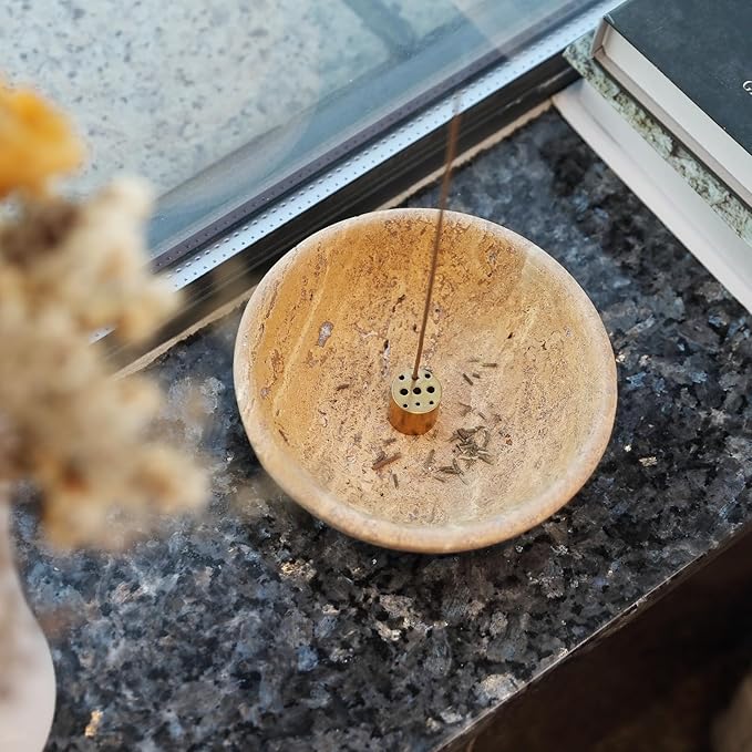 Koville Turkish Natural Travertine Incense Holder, 6" Incense Holders for Sticks, Sturdy Incense Burner Ash Catcher, Ideal for Meditation, Relaxing, Easy to Clean