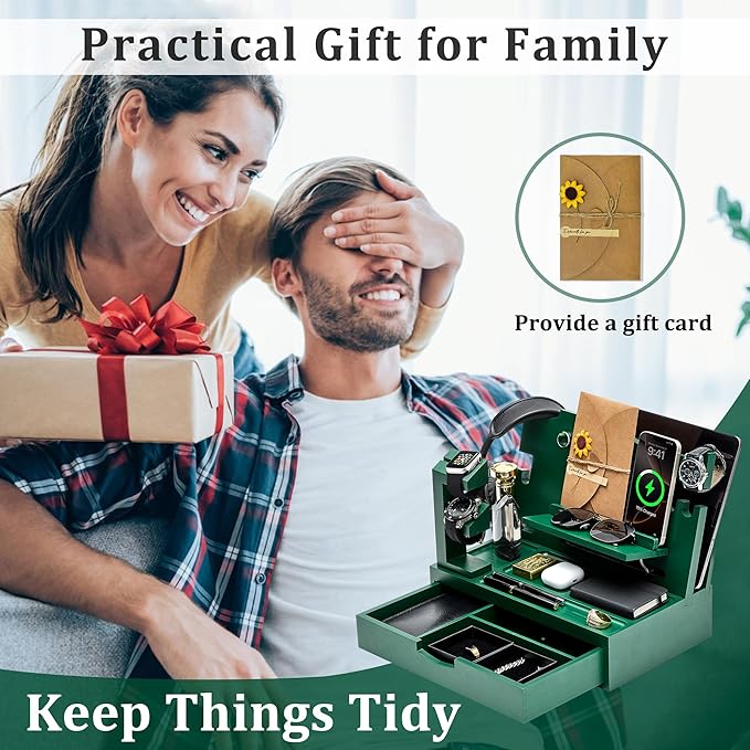 Nightstand Organizer for Men with Large Drawer, Birthday Gifts for Men, Phone Docking Station, Bedside Organizer for Nightstand for Apple Watch, Laptop (Olive Green, Solid Wood)