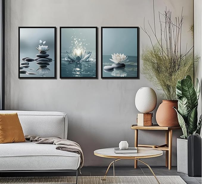 3Pcs Framed Zen Stones Lotus Spa Canvas Wall Art White Lotus Blooming on Stones Painting Picture Wall Decor Modern Spiritual Poster Print Artwork for Yoga Spa Meditation Spiritual Room Home Decoration