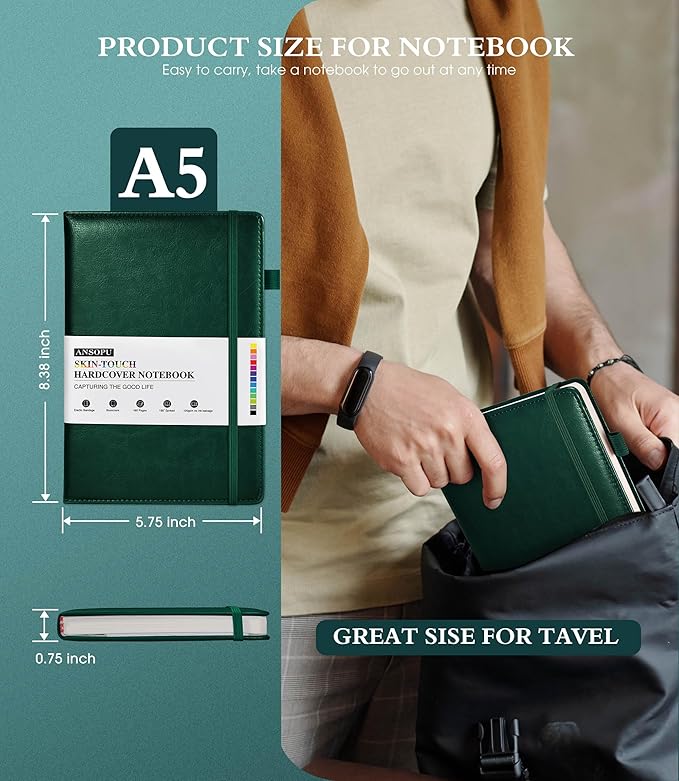 Lined Journal Notebook for Writing, A5 100 GSM Thick Paper, Leather Hardcover Journal for Woman Men, Travel Journal Diary 160 Pages(5.75'' X 8.38'' Darkgreen)