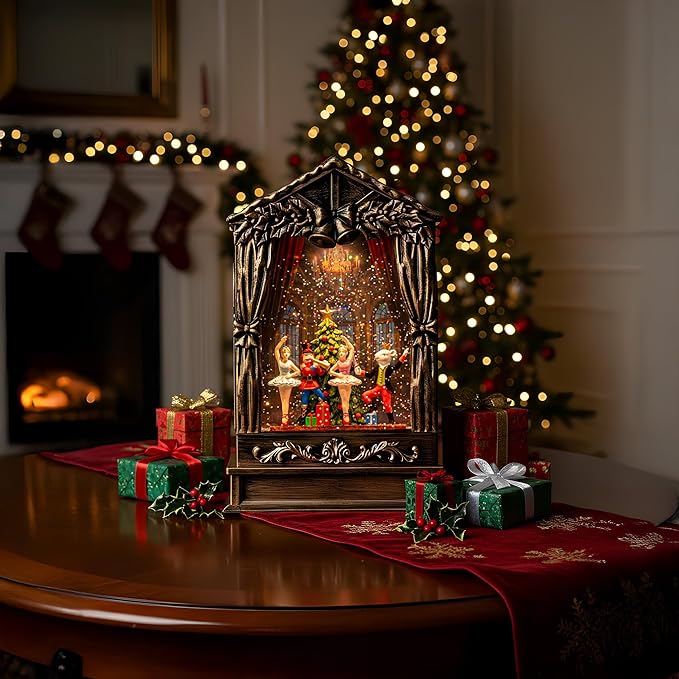 Christmas Snow Globe Lantern Water Glittering Nutcracker Ballet Theatre with Music & Timer, USB Lined/Battery Operated Lighted Lantern for Christmas Festival Decoration Gifts