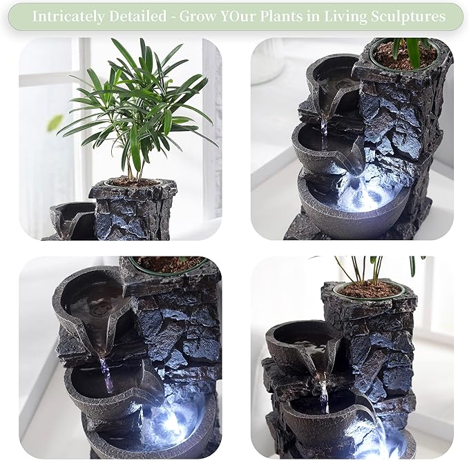Indoor Tabletop Fountain Waterfall Meditation Exquisite Meditation Desk Water Decorative Zen Fountain Office and Home Decoration Grow Plant/Herbs by Yourself