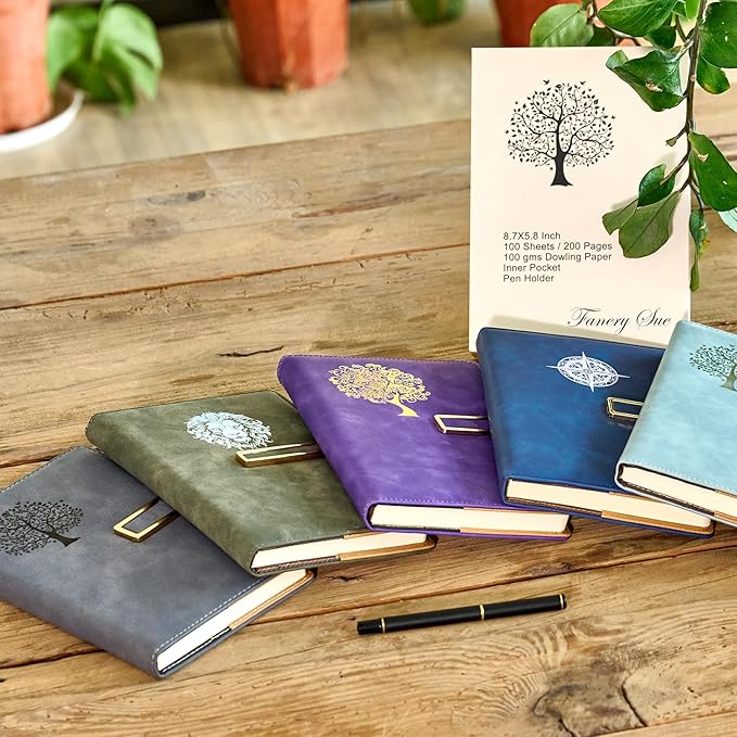 Fanery sue Tree of Life Refillable Writing Journal for Women&Men Faux Leather Hardcover Notebook A5 College Ruled 200 Lined Pages Lay-Flat Personal Diary with Pen&Magnetic Buckle (Tree of Life-Blue)