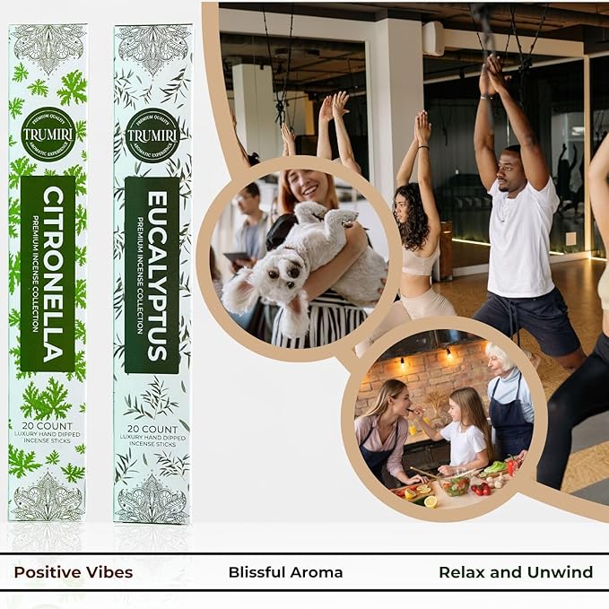 Trumiri Incense Sticks - Combo Pack of 40 Insence-Sticks - 20 Citronella + 20 Eucalyptus - Insenses - Insents - Incents - Inscense - Incence - Incienso - All Natural Incense Sticks