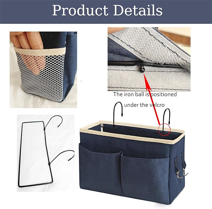 Bedside Caddy Bedside Hanging Storage Basket Multi-Function Organizer Caddy for Bunk and Hospital Beds Dorm Rooms Bed Rails, Can be Placed Glasses Books Mobile Phones(2pc Navy Blue)