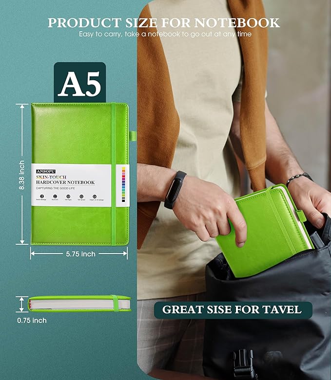 Lined Journal Notebook for Writing, A5 100 GSM Thick Paper, Leather Hardcover Journal for Woman Men, Travel Journal Diary 160 Pages(5.75'' X 8.38'' Lightgreen)