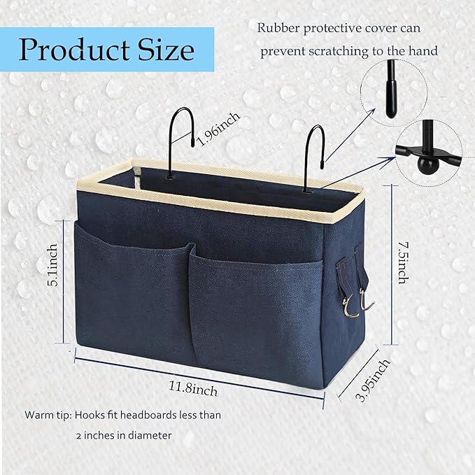 Bedside Caddy Bedside Hanging Storage Basket Multi-Function Organizer Caddy for Bunk and Hospital Beds Dorm Rooms Bed Rails, Can be Placed Glasses Books Mobile Phones(Navy Blue)