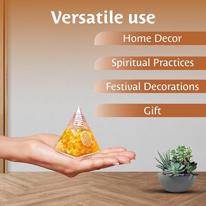 Orgone Citrine Pyramid for Success Handcrafted Orgonite Crystal Pyramid for Energy Balance, Meditation, Home Decor & Chakra Support